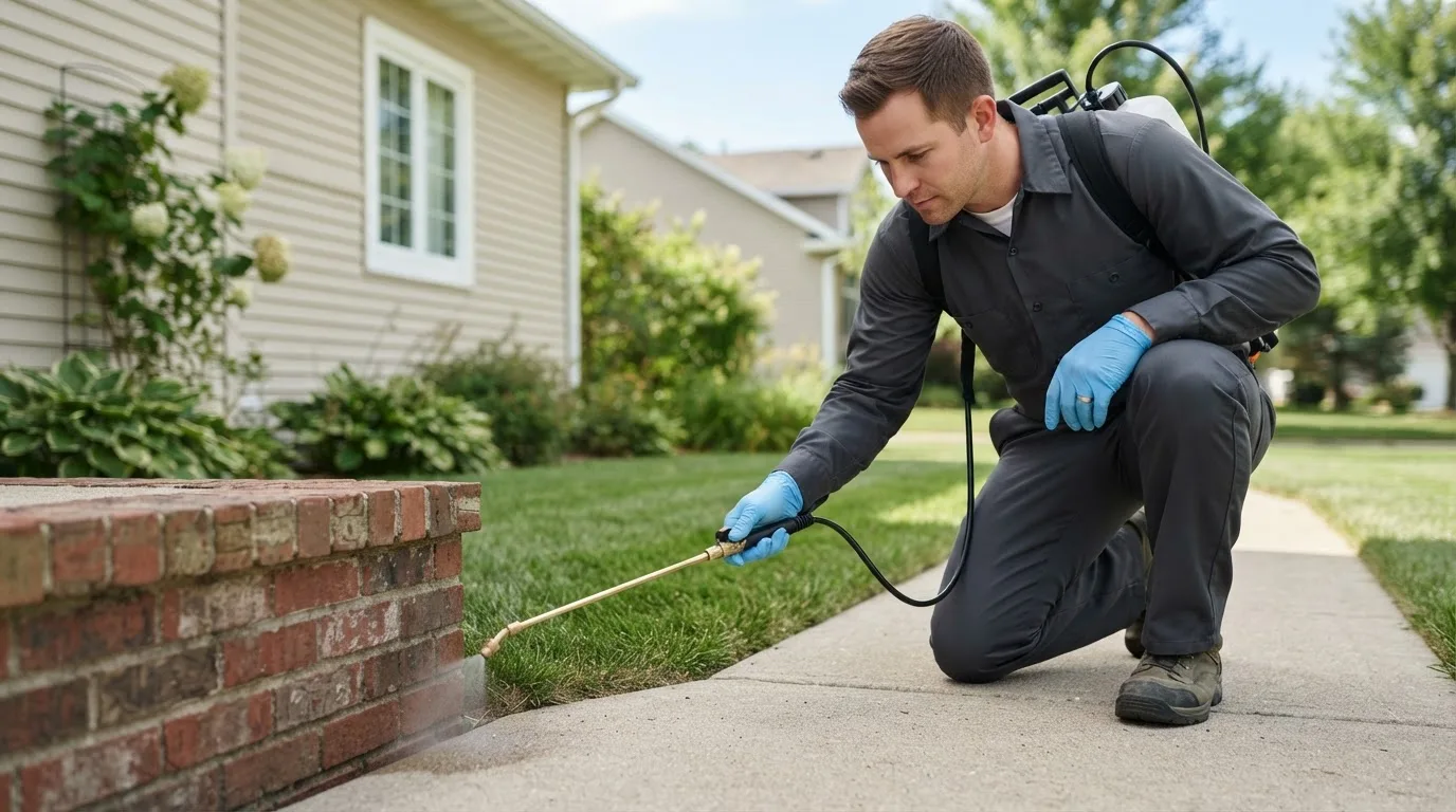 Pest control technician treating a home near Rimforest, CA