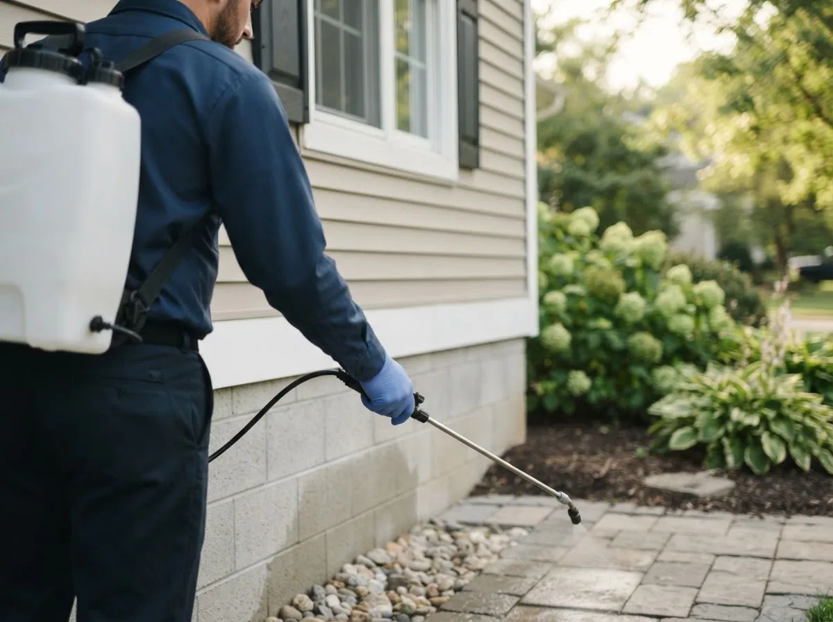 Pest control technician inspecting a home in Rimforest, CA